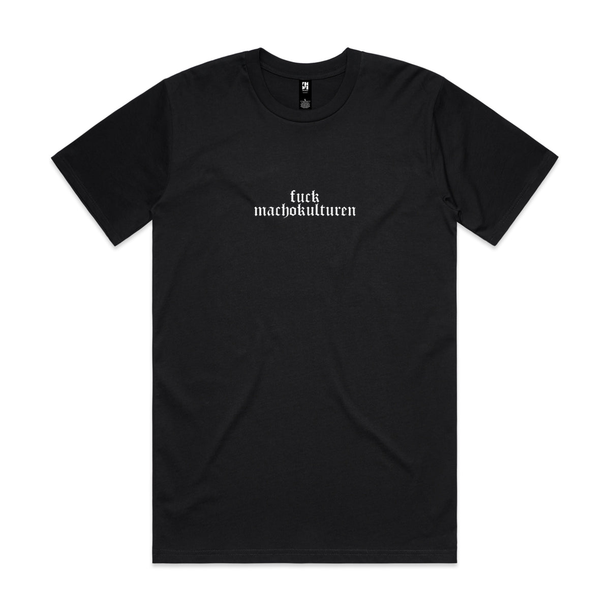 Svart t-shirt med brodyren "FUCK MACHOKULTUREN"